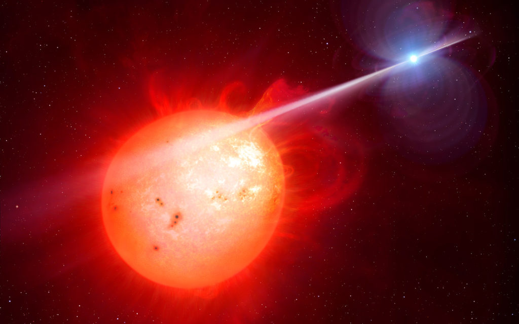 Illustration af en hvid dværgstjerne i færd med at opsluge en rød kæmpestjerne, lige op til en Supernova eksplosion